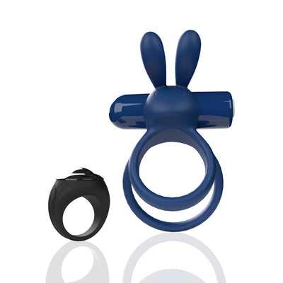 Blue double-ring vibrating toy with bunny ears and black remote control ring on white background.