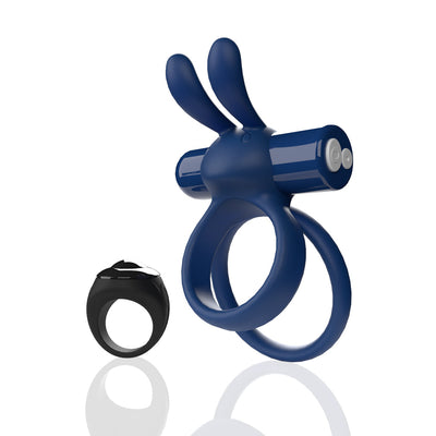 Blue double-ring vibrating toy with bunny ears and black remote control ring on white background.