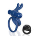 Blue double-ring vibrating toy with bunny ears and black remote control ring on white background
