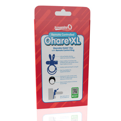 Packaging of Screaming O Remote Controlled Ohare XL Vibrating Ring with product features and usage instructions on a red background.