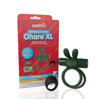 Green Screaming O Ohare XL remote controlled vibrating double ring with bunny ears and black remote, shown with packaging box.