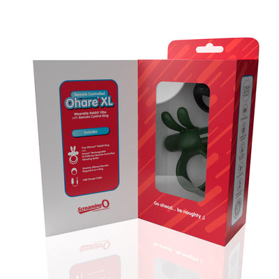 Packaging of Screaming O Remote Controlled Ohare XL Vibrating Ring showing product and features in red and white box with window display