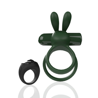 Dark green double vibrating ring with bunny ears and black remote control ring on white background.
