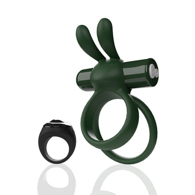 Dark green double vibrating ring with bunny ears and black remote control ring on white background.