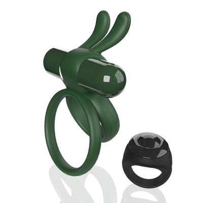 Dark green double vibrating ring with bunny ears and a black remote control ring on a white background.
