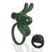 Dark green double vibrating ring with bunny ears and a black remote control ring on a white background.