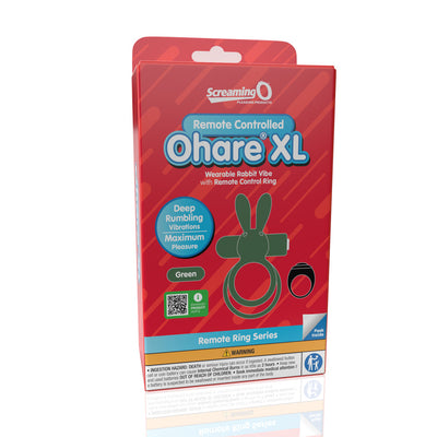 Packaging of Screaming O Remote Controlled Ohare XL Vibrating Ring in green, featuring wearable rabbit vibe and remote control ring.