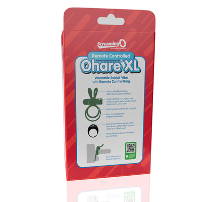 Packaging of Screaming O Remote Controlled Ohare XL Vibrating Ring with product features and usage illustrations on a red background.
