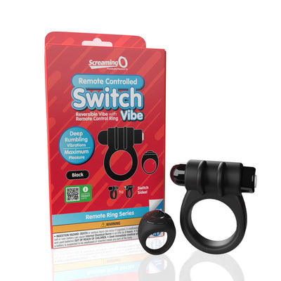 Black Screaming O Remote Controlled Switch vibrating ring with packaging and small remote control on white background.