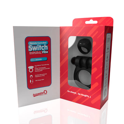 Packaging of Screaming O Remote Controlled Switch Vibrating Ring with visible black silicone ring and remote inside a red and white box.