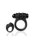 Black silicone vibrating ring with detachable bullet vibrator and matching remote control on white background