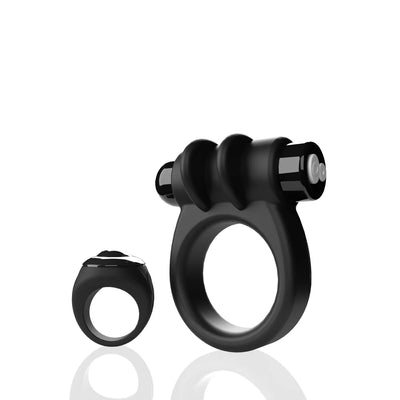 Black silicone vibrating ring with dual stimulation fins and a small matching remote control on a white background.