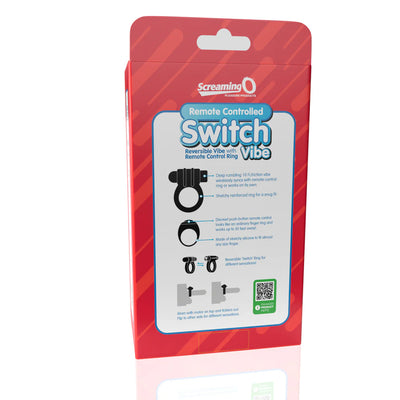Packaging of Screaming O Remote Controlled Switch Vibe ring showing product features and usage instructions.