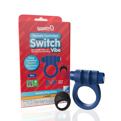 Blue Screaming O Remote Controlled Switch Vibrating Ring with black remote and red product packaging on white background.