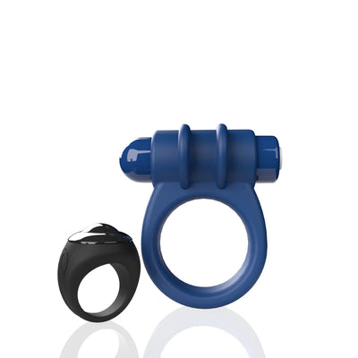 Blue double-sided vibrating ring with attached bullet and black remote control ring on white background.