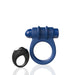 Blue double-sided vibrating ring with attached bullet and black remote control ring on white background.