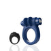 Blue double-sided vibrating ring with attached bullet and small black remote control on white background