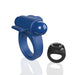 Blue double-sided vibrating ring with remote control and black silicone ring accessory on white background.