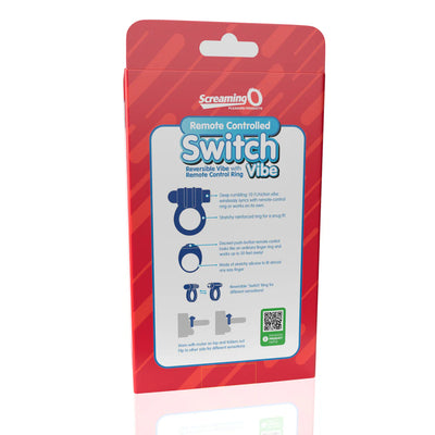 Packaging of Screaming O Remote Controlled Switch Vibe ring showing product features and usage instructions on a red background.