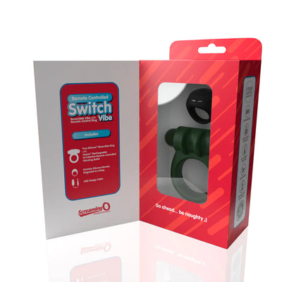 Screaming O Remote Controlled Switch Vibrating Ring in green with black remote in red and white packaging box with product details.