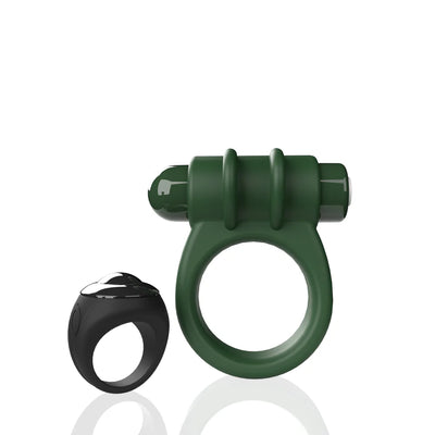 Green silicone vibrating ring with attached bullet vibrator and small black remote control ring on white background