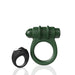 Green silicone vibrating ring with attached bullet vibrator and small black remote control ring on white background