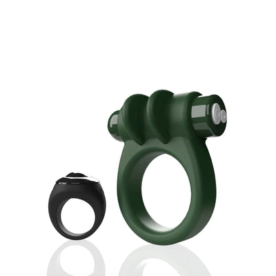 Two vibrating rings in black and dark green with a sleek, modern design and removable bullet vibrators.