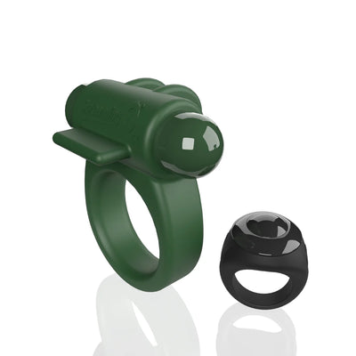 Dark green double-sided vibrating ring with a remote control featuring a sleek black design.