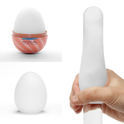 Tenga EGG in packaging, standalone egg-shaped sleeve, and stretched view held in hand showing soft, flexible material.