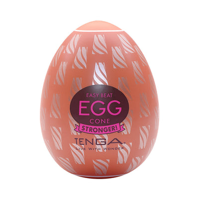Tenga Easy Beat Egg Cone Stronger textured pleasure egg in peach with silver pattern and pink label