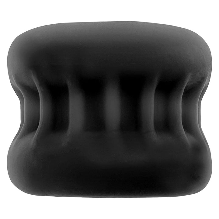 Black soft silicone ballstretcher with ribbed outer texture and hourglass shape for comfortable grip and stretch.