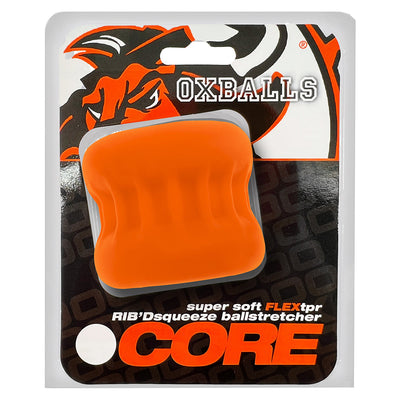 Orange OxBalls Core Gripsqueeze ballstretcher with ribbed design in black and white branded packaging.