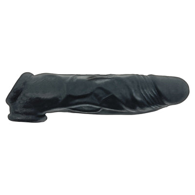 Black ultra-slim flexible silicone cocksheath with textured surface and reinforced base ring.