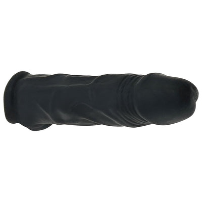 Black ultra-slim silicone cocksheath with textured surface and snug base ring for secure fit.