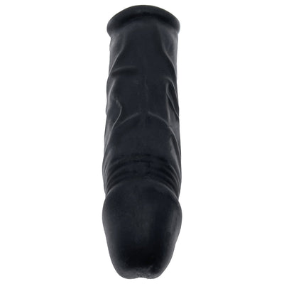 Black ultra-slim flexible silicone cocksheath with textured surface and rounded tip.