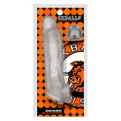 OxBalls Dicker Ultra-Slim Cocksheath in clear silicone with custom fit insert, packaged on orange and black branded card.