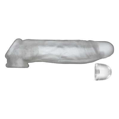 Clear ultra-slim silicone cocksheath with textured detail and separate adjustable fit insert shown on white background.