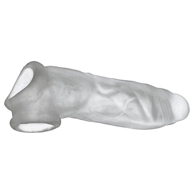 Transparent ultra-slim silicone cocksheath with textured surface and dual openings for secure fit and comfort.