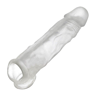 Clear ultra-slim silicone cocksheath with textured surface and snug base ring for secure fit and added length.
