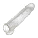 Clear ultra-slim silicone cocksheath with textured surface and snug base ring for secure fit and added length.