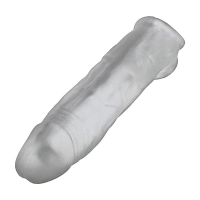 Clear ultra-slim flexible silicone cocksheath with a contoured shape and reinforced base for secure fit.