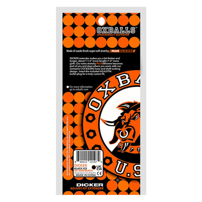 Packaging of OxBalls Dicker Ultra-Slim Cocksheath extender with black and orange design and product details.