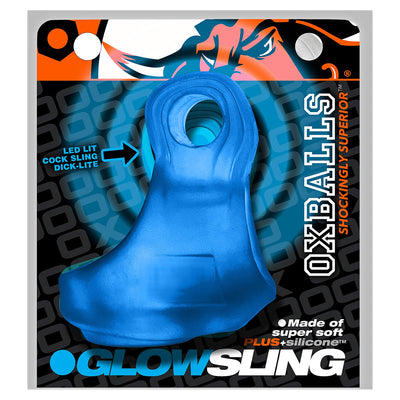 Blue OxBalls Glowsling LED-lit soft silicone cock and ball sling in branded packaging.