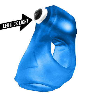 Blue translucent silicone cocksling with built-in LED light for glow effect.