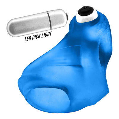 Blue silicone cocksling with integrated LED light insert for glowing effect in low light.