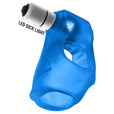 Blue silicone cocksling with integrated LED light attachment for enhanced visibility and glow effect.