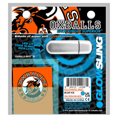OxBalls Glowsling LED light insert for cock sling in blue ice packaging with brand logo and product details.