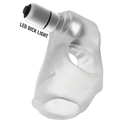 Clear silicone glow sling with integrated waterproof LED light attachment for enhanced visibility in low light.