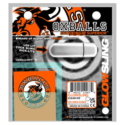 OxBalls LED-lit bullet vibrator insert for Glowsling cock and ball sling, packaged with branding and product details.