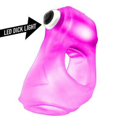 Pink translucent silicone cocksling with integrated LED light and labeled arrow pointing to the LED feature.